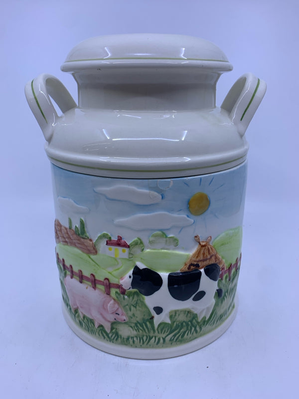 FARM ANIMALS MILK CAN STYLE COVERED COOKIE JAR.