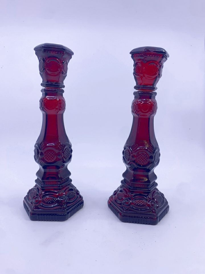 2 VTG CRANBERRY TAPER CANDLE HOLDER- EMPTY BOTTLES.