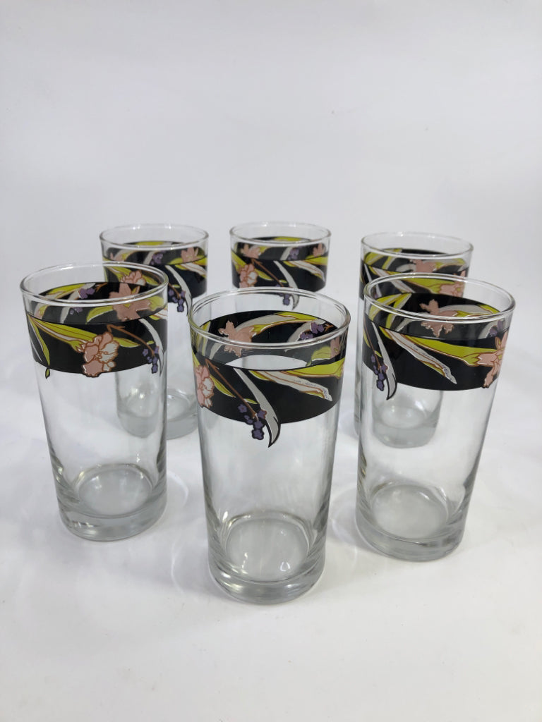 6 VTG CHINA PEARL GLASSES PINK/BLACK FLORAL.