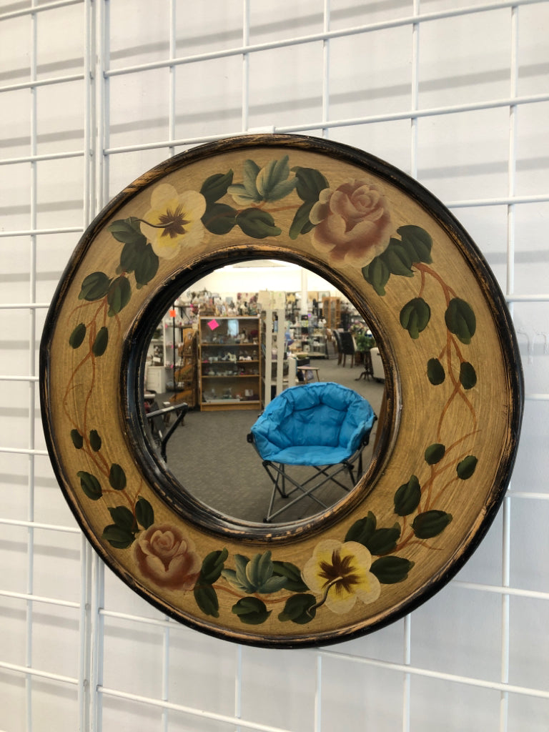 FLORAL PAINTED CIRCULAR WOODEN MIRROR WALL-HANGING.