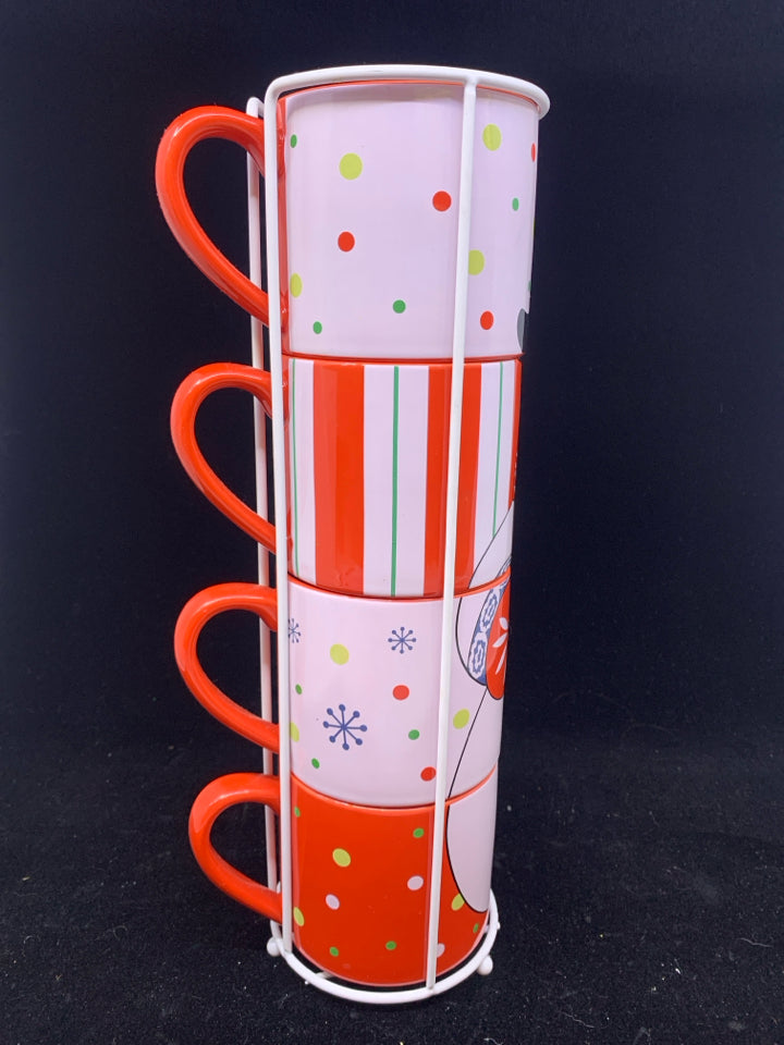 4 STACKING SNOWMAN MUGS-TEMPTATIONS, WHITE STAND.