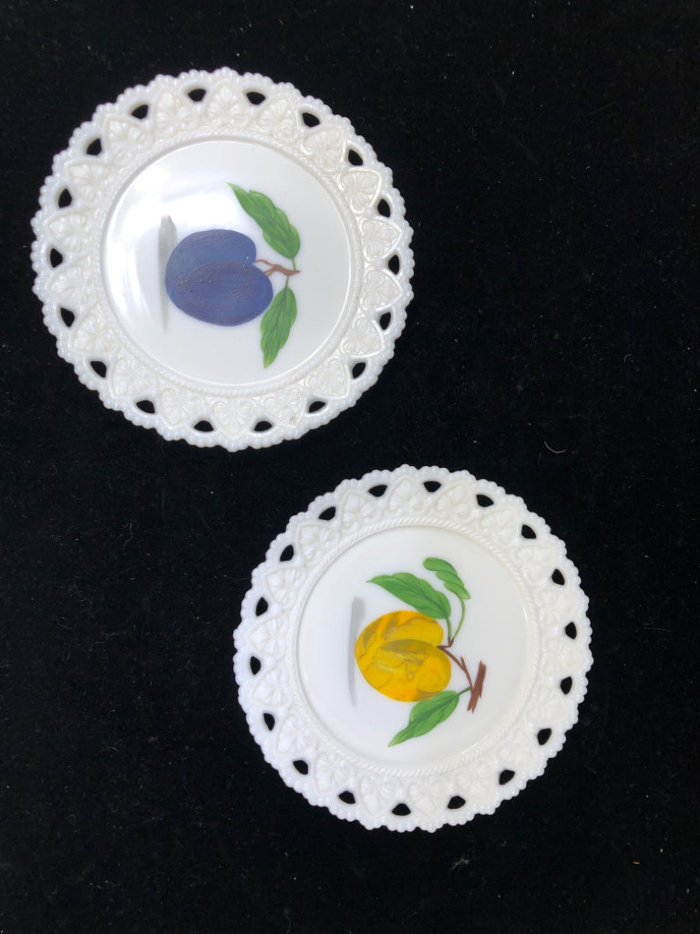 2PC MILKGLASS LACED EDGE PLATES W/PLUMS.