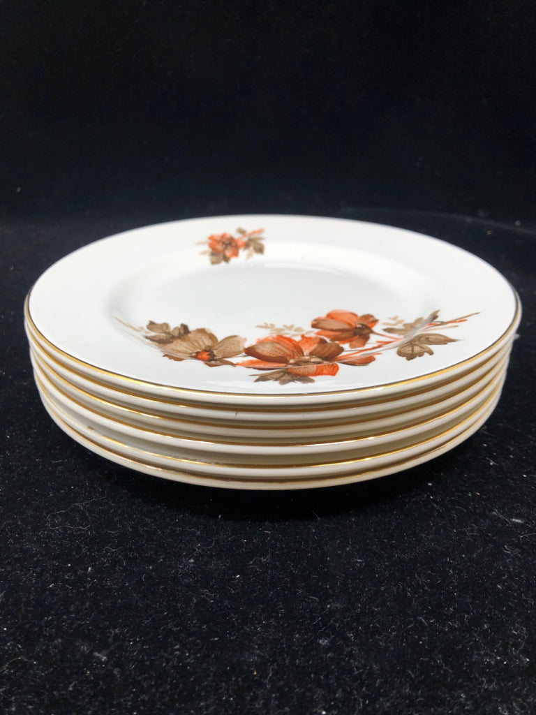 6pc BROWN AND RED FLORAL DESSERT PLATES.