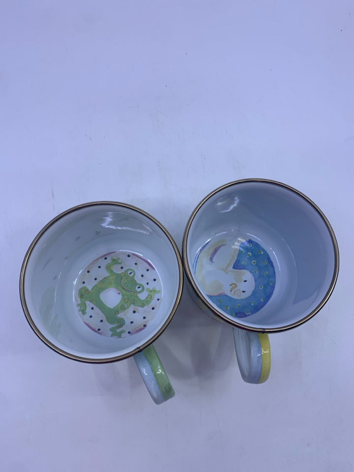 2 ENAMEL STRIPED/CHECKERED MACKENZIE-CHILDS MUGS.