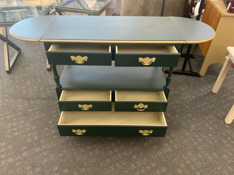 GREEN PAINTED CONSOLE/ BUFFET TABLE WITH FOLDING SIDES.