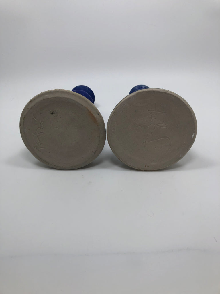 2 COBALT BLUE CANDLESTICKS W/BLACK ETCHED DOTS.