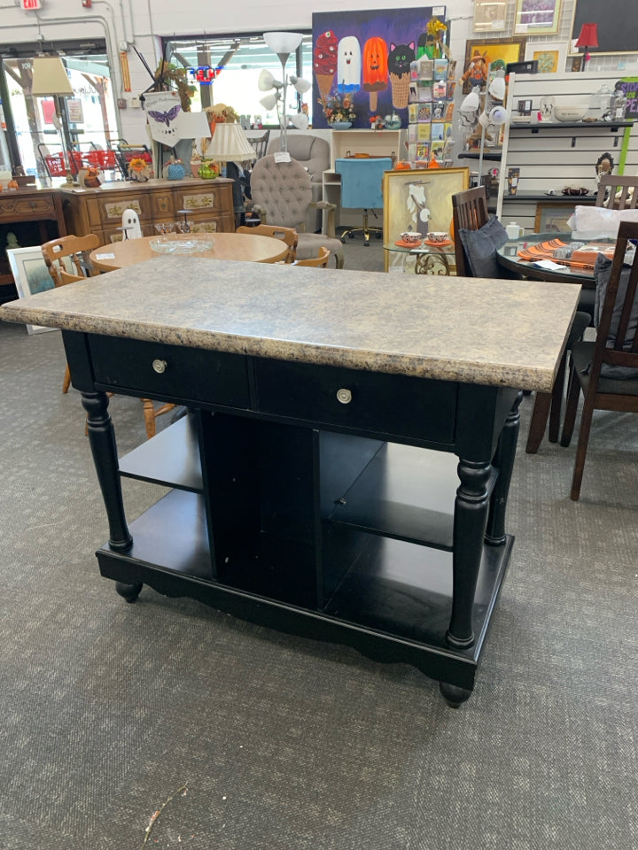 BLACK LEGS W/ MIKA GRANITE COUNTER ISLAND W/ 2 ALL THE WAY THROUGH DRAWERS/ SHEL