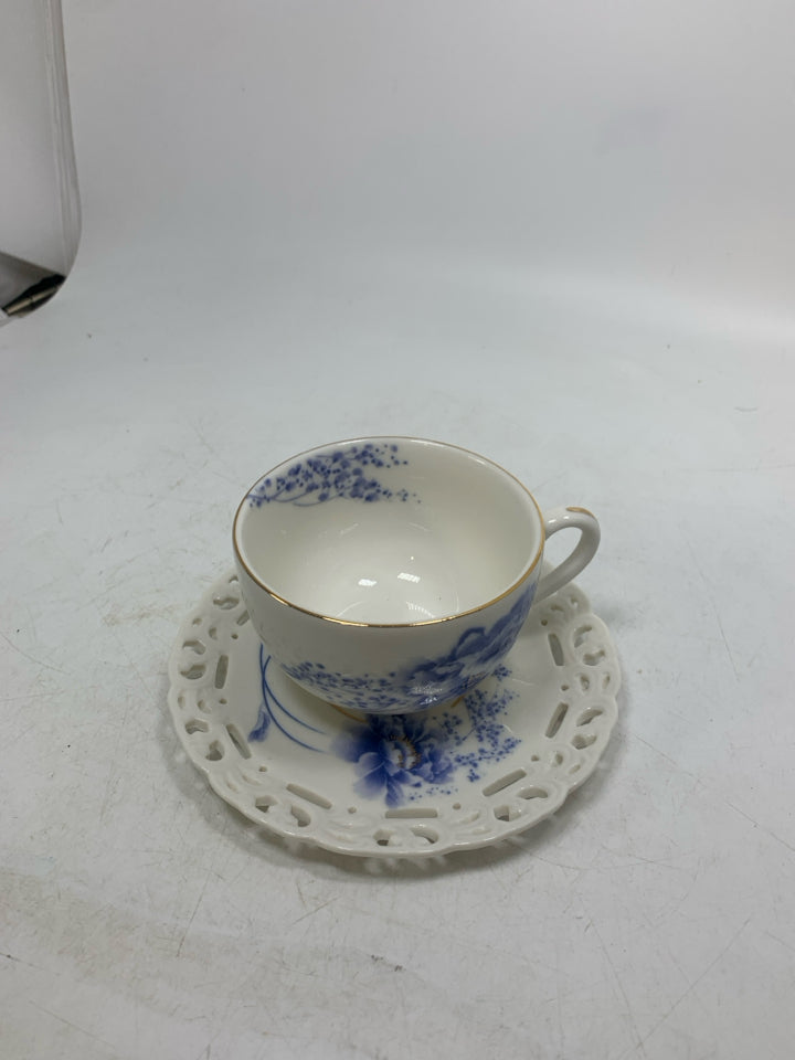 BLUE FLOWER TEACUP W/ LACE SAUCER.