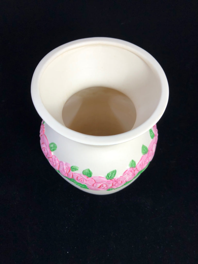 WHITE URN STYLE VASE W PINK FLORAL.