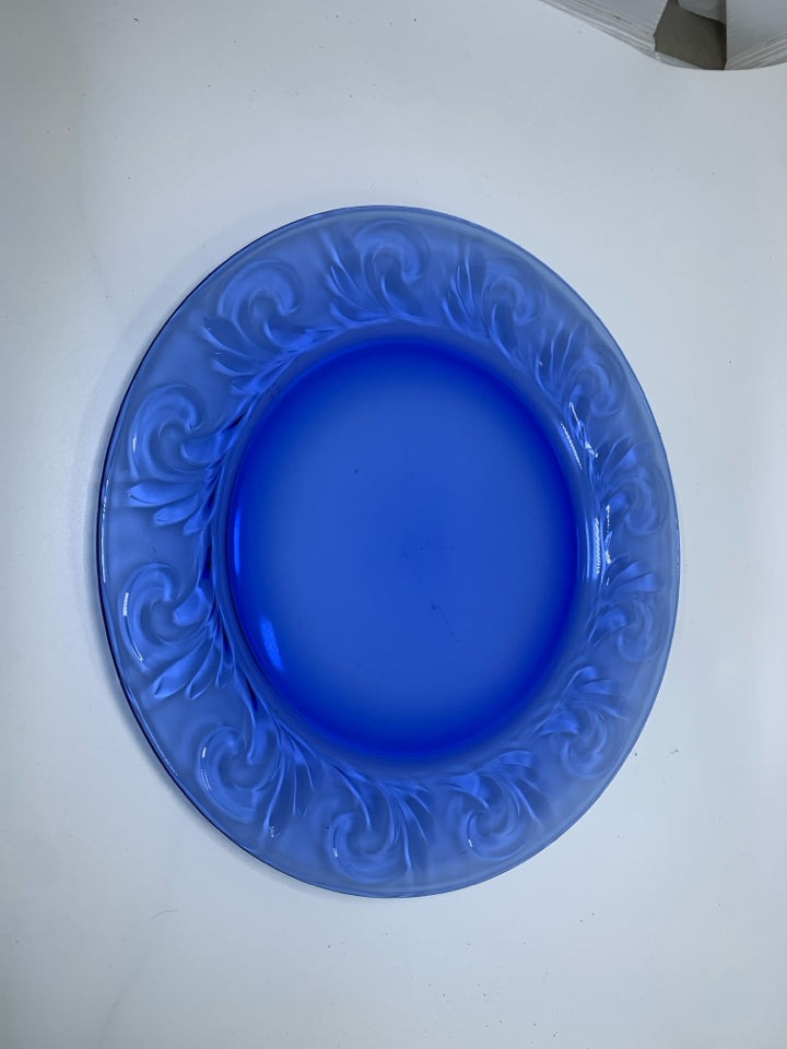 COBALT BLUE GLASS PLATTER W/ EMBOSSED SWIRL EDGE.