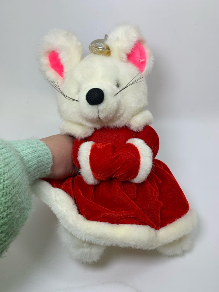 VTG WHITE PLUSH MOUSE W/ MR CLAUS DRESS.