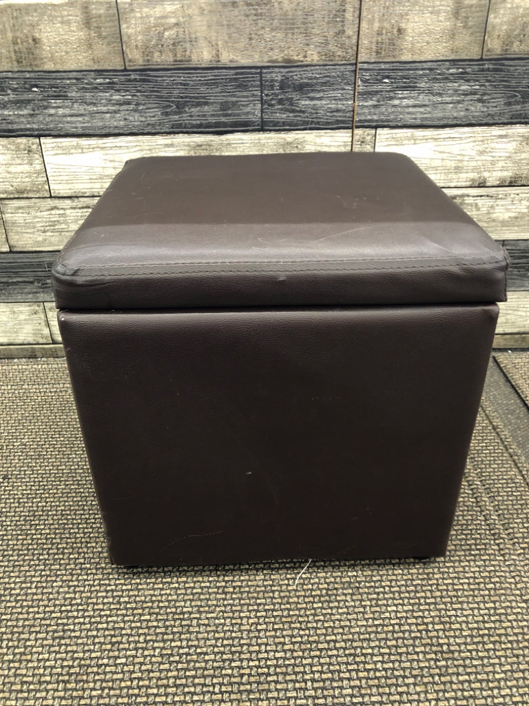 BROWN FAUX LEATHER STORAGE CUBE.