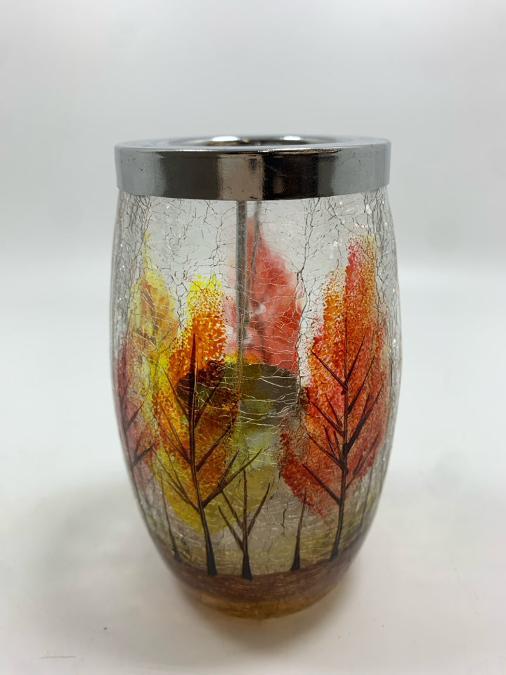 FALL TREES CRACKLE GLASS TEA LIGHT HOLDER.