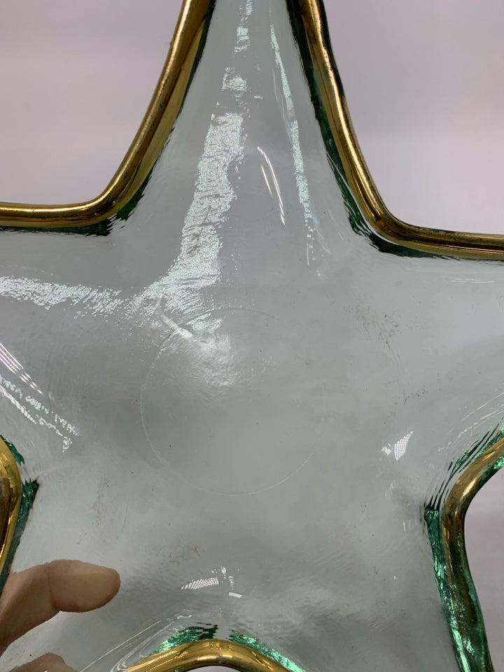 GREEN TINTED THICK GLASS STAR STAINED BOWL GOLD EDGE.
