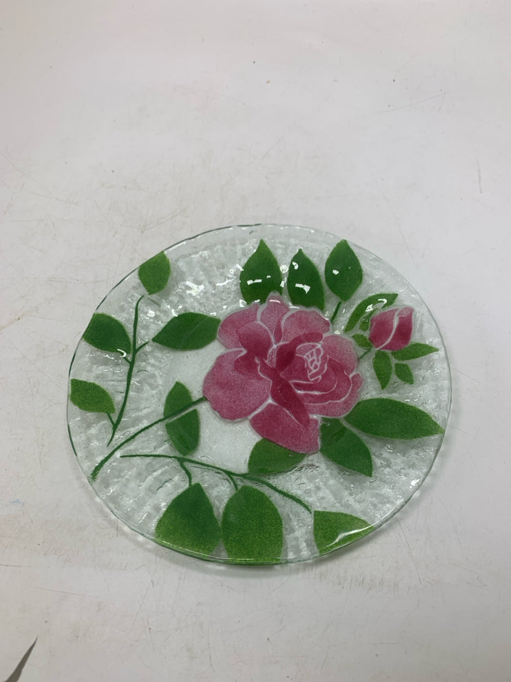 DARK PINK ROSE FUSED GLASS PLATE.