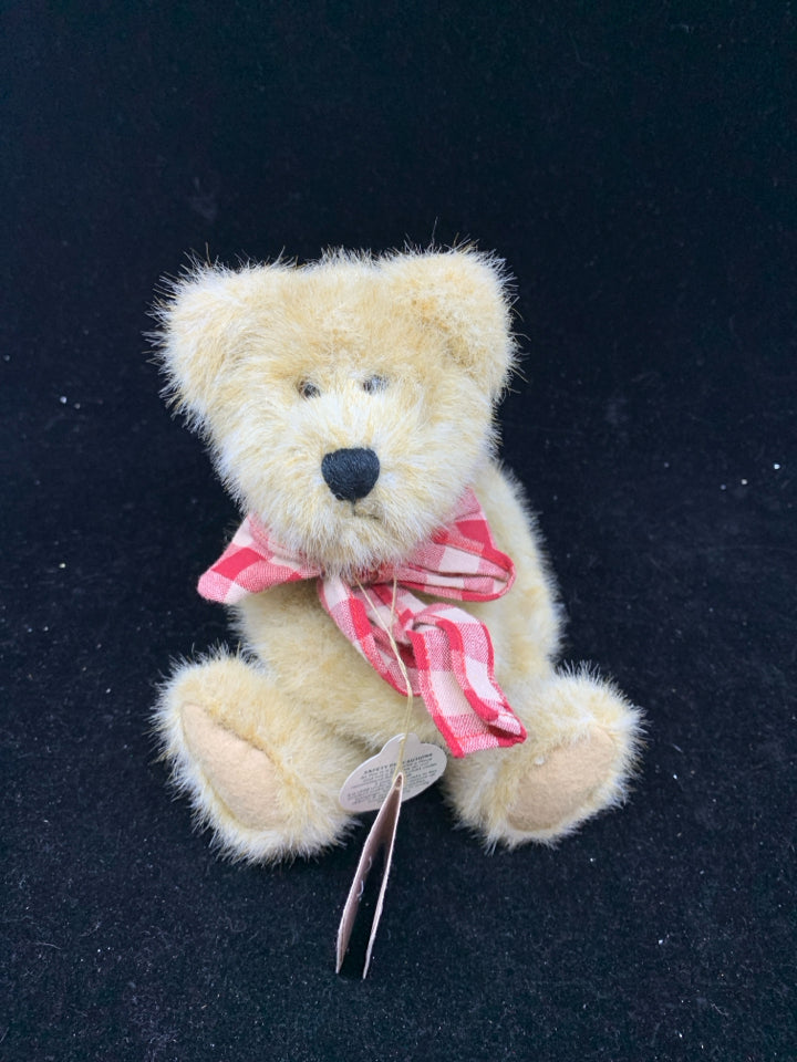 BOYDS BEAR TAN W RED PLAID SCARF.