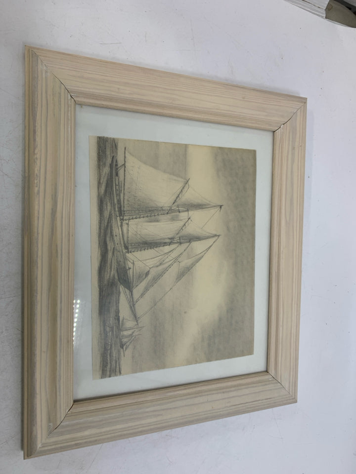 PENCIL SKETCH OF SAILBOAT LIGHT COLORED FRAME.