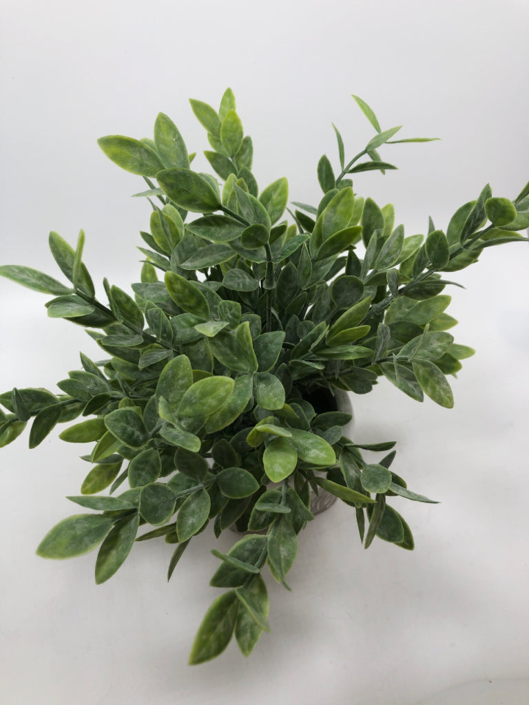 FAUX EUCALYPTUS IN GREY CEMENT POT.