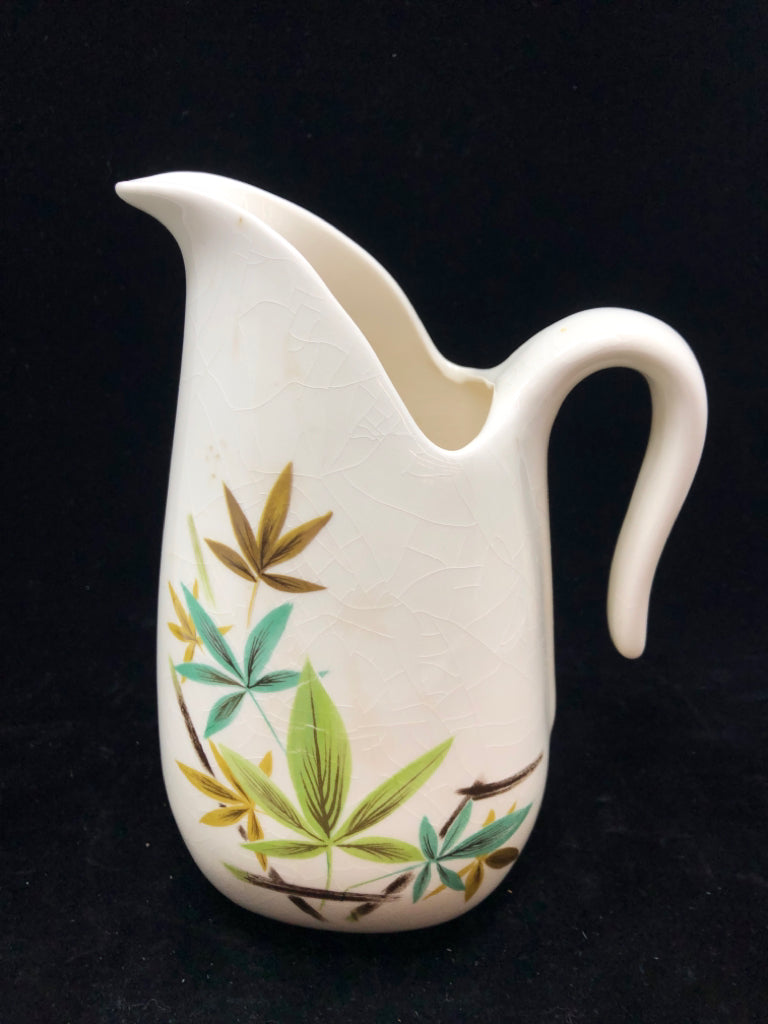 VTG BAMBOO PAINTED CREAM CERAMIC PITCHER.