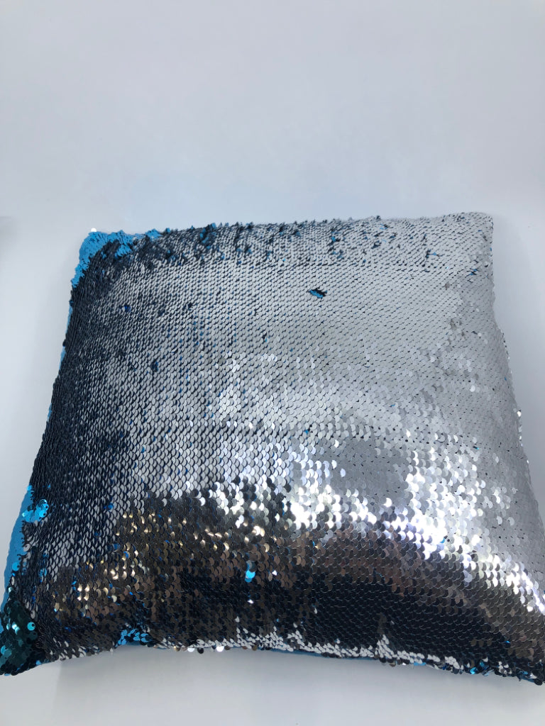 SILVER AND TEAL SEQUINS PILLOW.