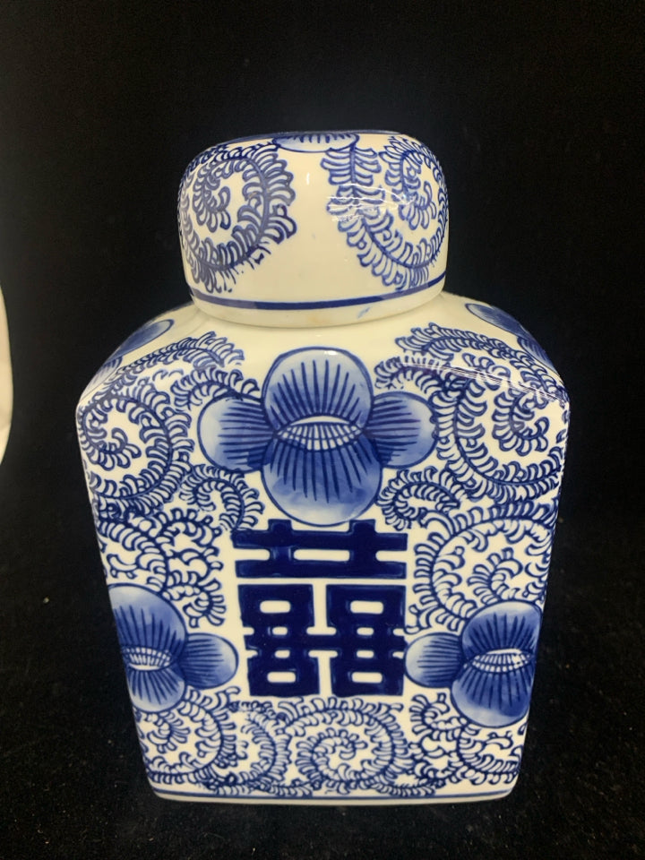 BLUE + WHITE ASIAN STYLE SQUARE GINGER JAR.