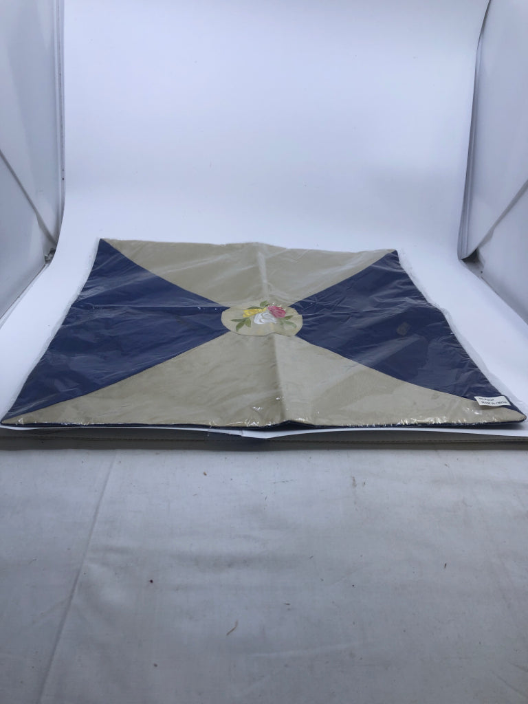 NIP NAVY/GOLD PILLOW COVER, EMBROIDERED FLOWERS.