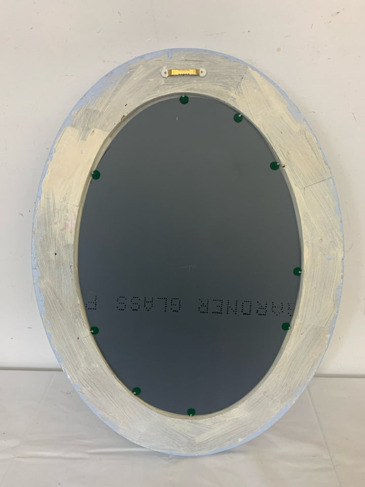 LIGHT BLUE PAINTED OVAL MIRROR EMBOSSED DESIGNS.