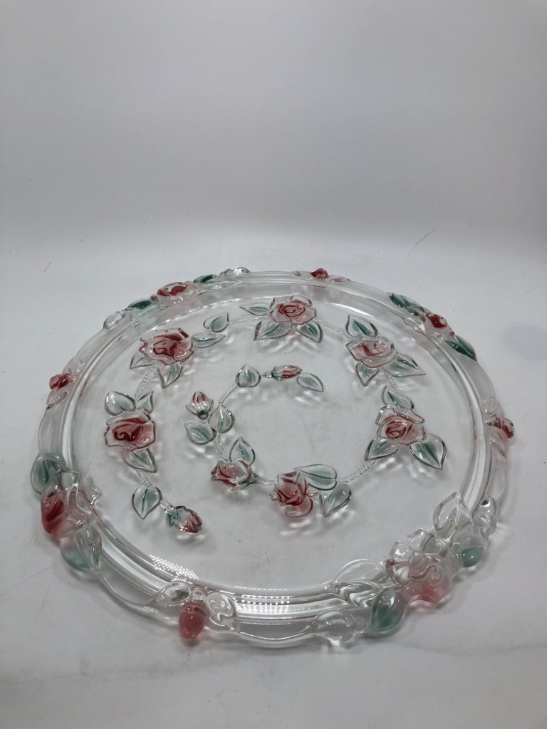 COLORED ROSE GLASS CAKE PLATTER.