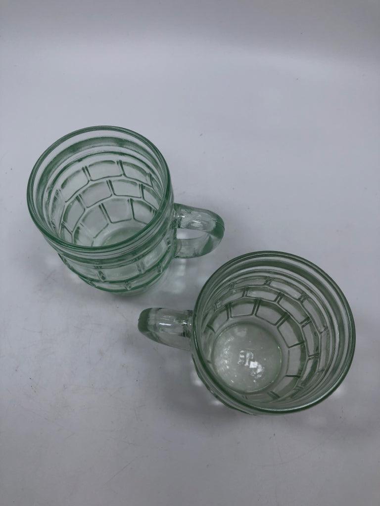 2 WINDOWPANE PALE GREEN GLASS MUGS.
