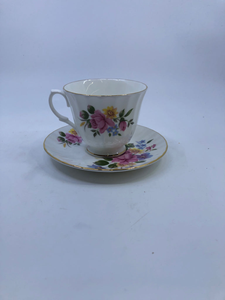 PINK AND YELLOW TEACUP AND SAUCER-ROYAL VICTORIAN.