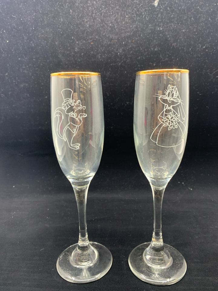 2 ETCHED WEDDING CHAMPAGNE GLASSES W GOLD RIMS.