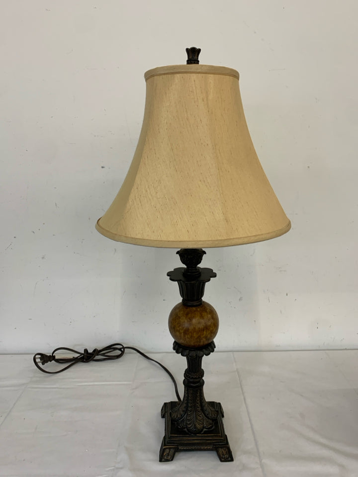 DARK MARBLE URN SCROLL LAMP W TAN SHADE.