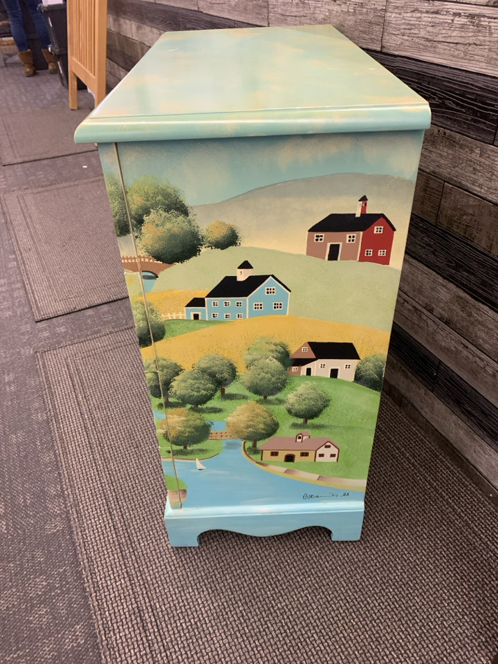 VTG CITY SCENE PAINTED 3 DRAWER DRESSER.