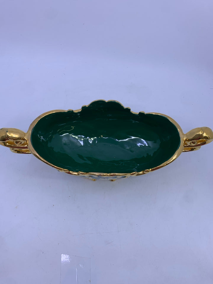GREEN GOLD CERAMIC FOOTED OVAL PLANTER W/ FLOWER DESIGN SIGNED.