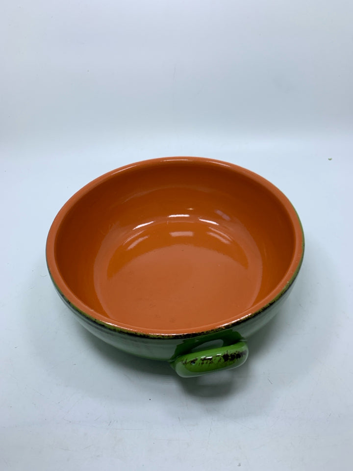 GREEN TERRA COTTA SERVING BOWL MADE IN ITALY DOUBLE HANDLED.