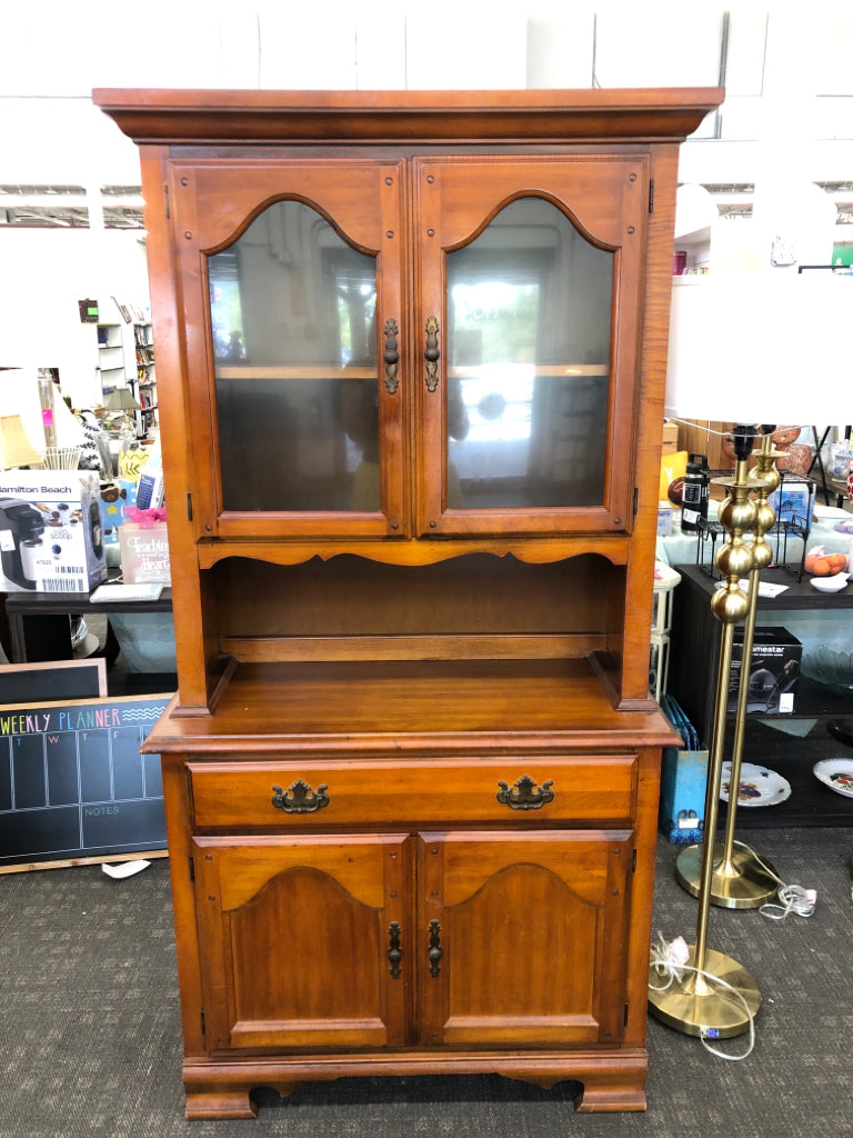 VTG LARGE WOOD HUTCH W GLASS DOORS, CABINET AND DRAWER.