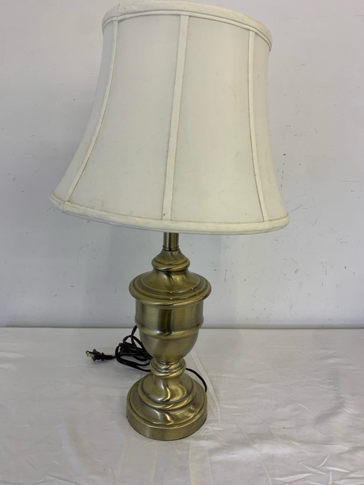 BRASS LAMP BASE W/WHITE SHADE.