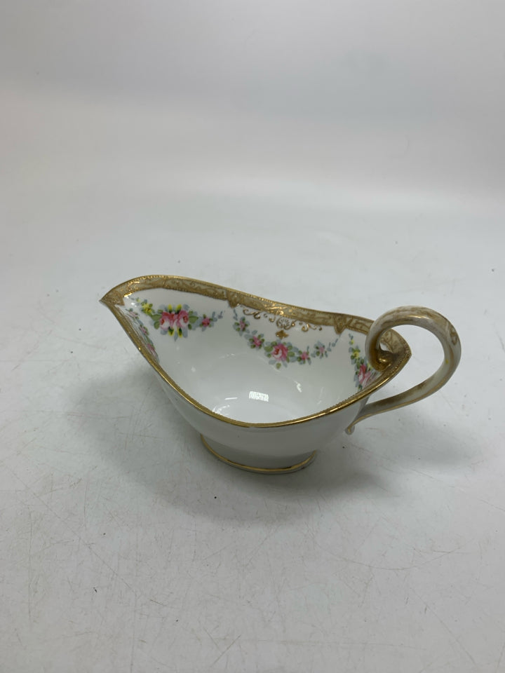 VTG SMALL GRAVY BOAT W/ PINK FLOWERS GOLD HEAVY DETAILED EDGES.