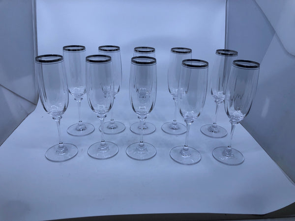 10 SILVER TOP CHAMPAGNE GLASSES.