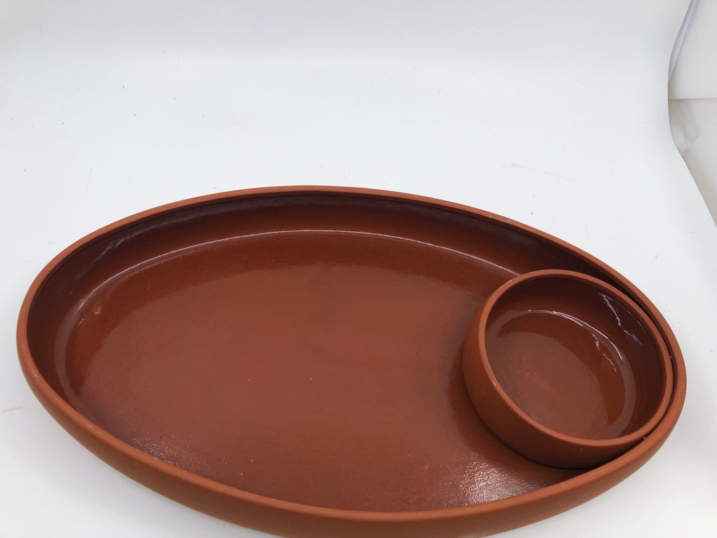 OVAL TERRA COTTA CHIP AND DIP SERVING BOWL.