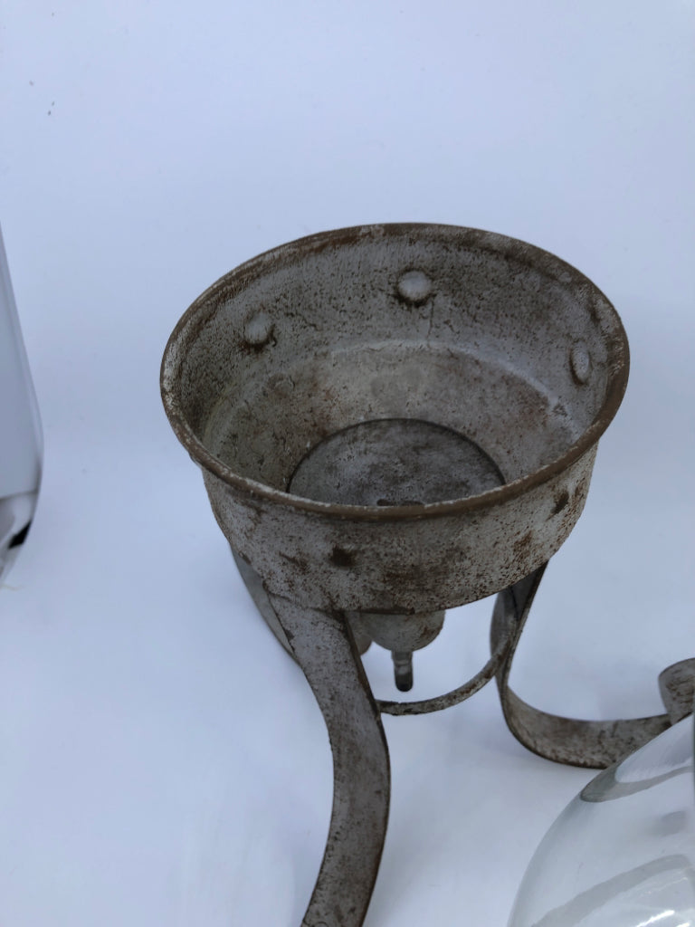 LARGE RUSTIC METAL + GLASS CANDLE HOLDER.