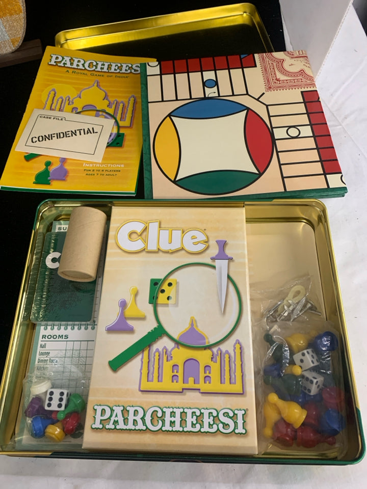 NEW CLUE AND PARCHEESI IN TIN