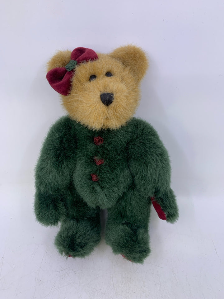 CARMEL/GREEN BEAR W/ BOW/BUTTONS.
