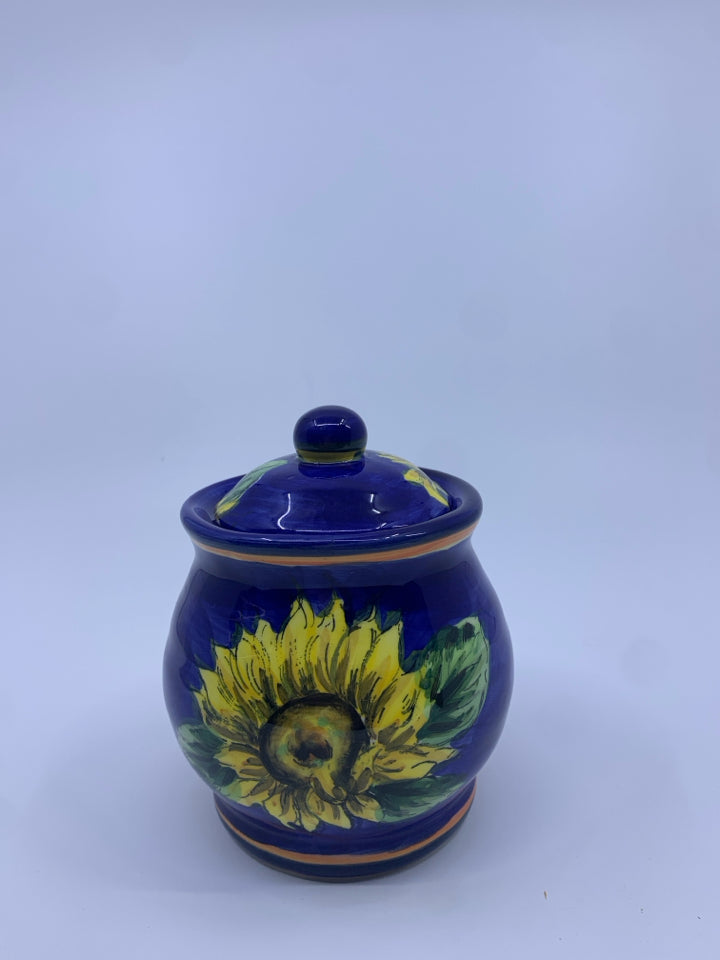 DARK BLUE CANISTER/ SUGAR BOWL W SUNFLOWER.