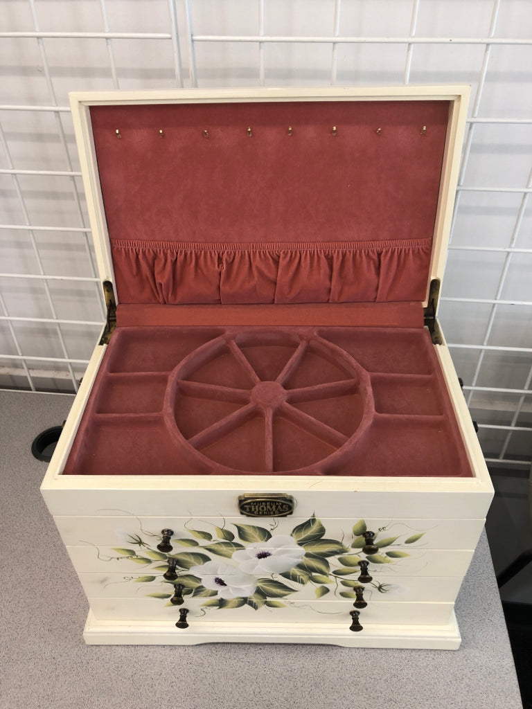 VTG CREAM, GREEN/ FLORAL JEWELRY BOX.
