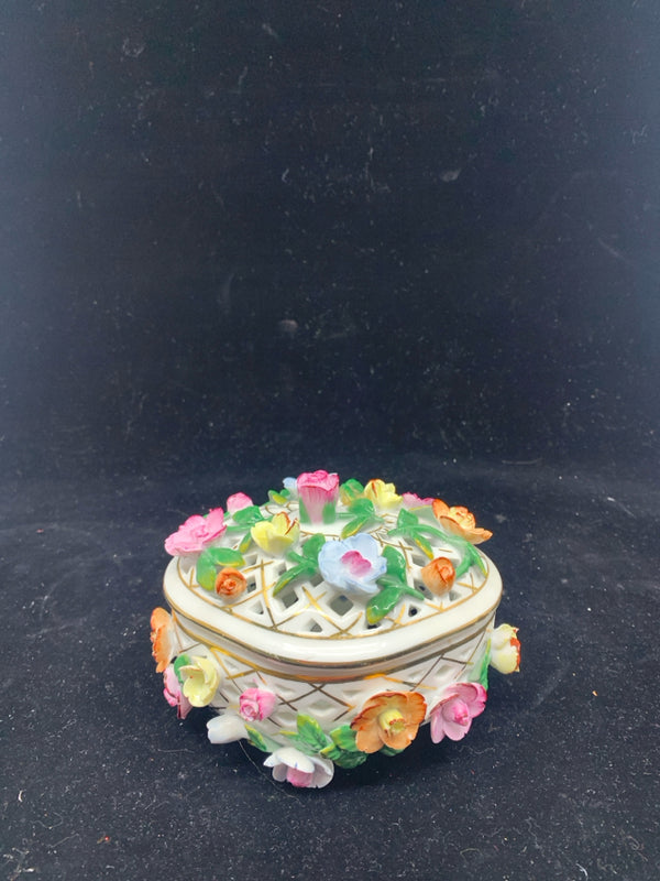 WHITE PIERCED W COLORFUL FLORAL COVERED TRINKET DISH W LID.