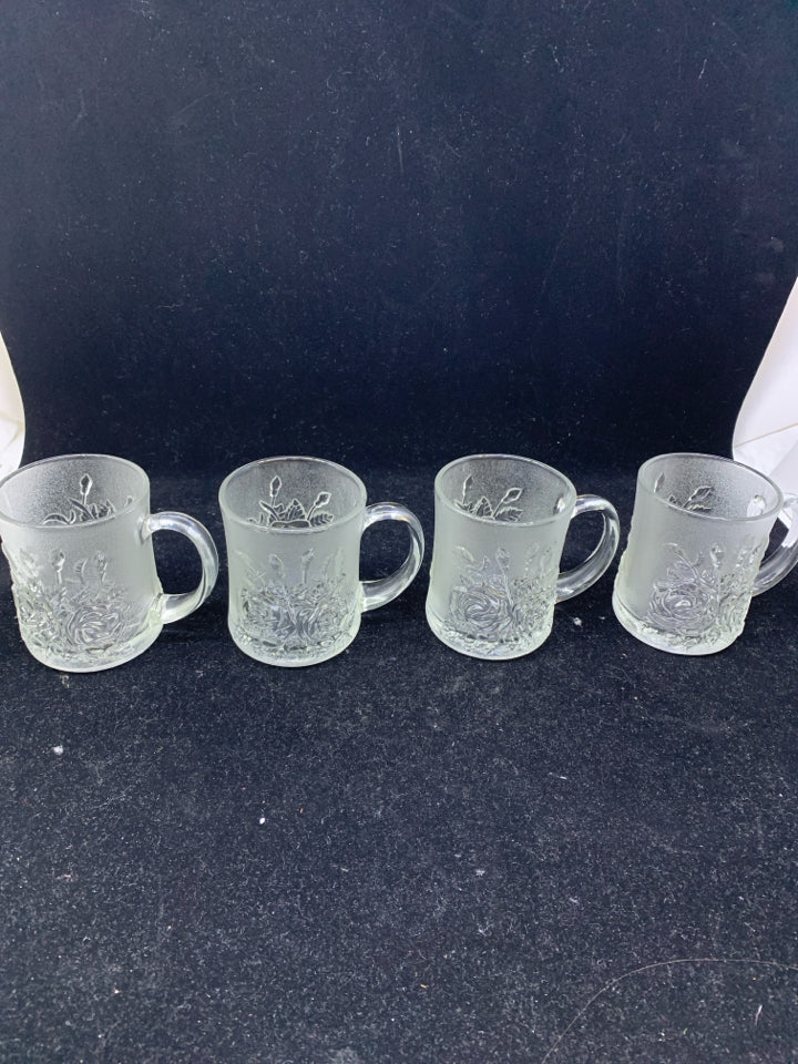 28 PC SVC 8 FROSTED ROSE PATTERNED GLASS DINNER PLATE, SERVING PLATE, BOWL, MUGS