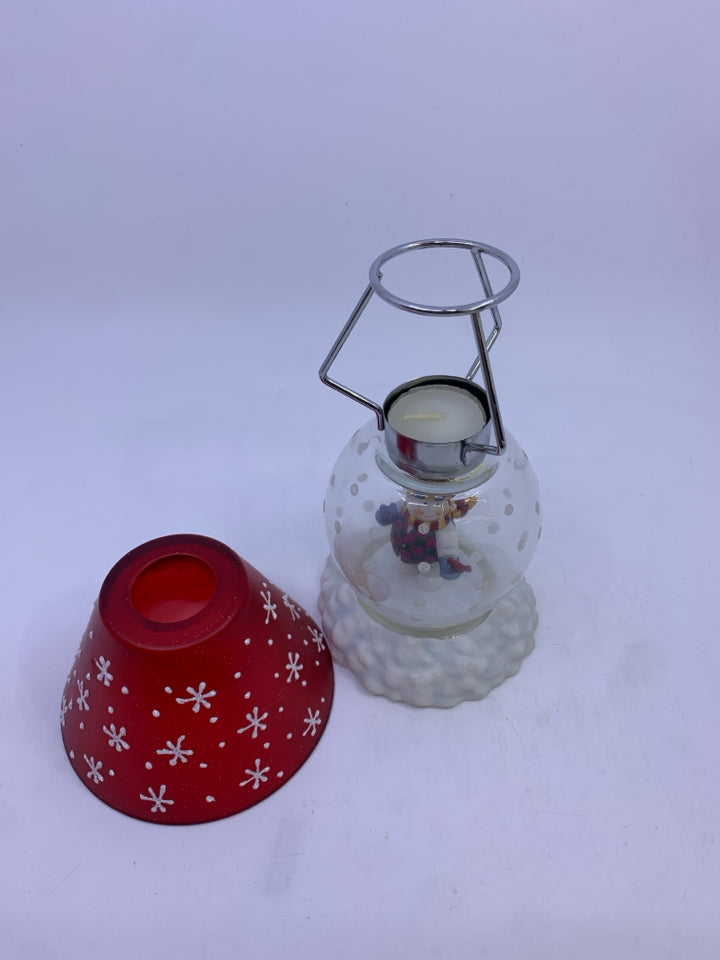 SNOWMAN SNOWGLOBE TEA LIGHT HOLDER W/RED SHADE.