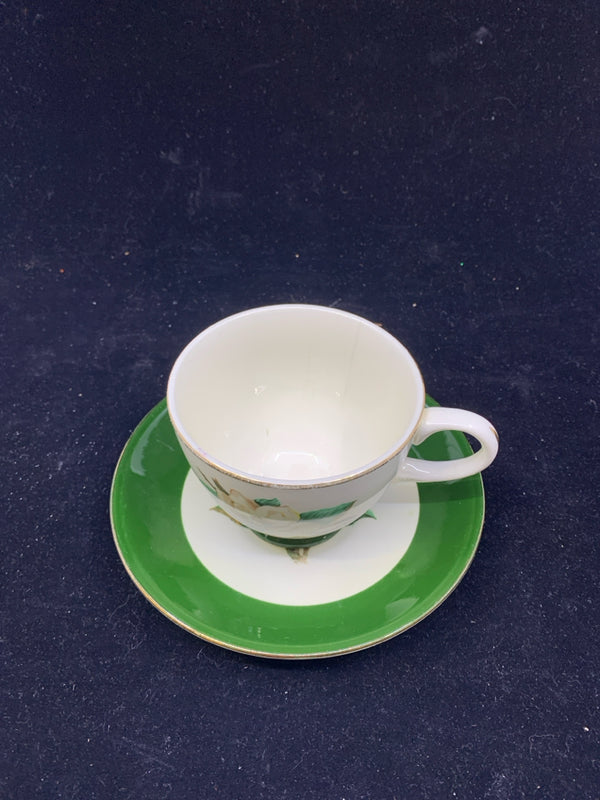 VTG LIFETIME CHINA GREEN W/ WHITE ROSE TEACUP AND SAUCER.