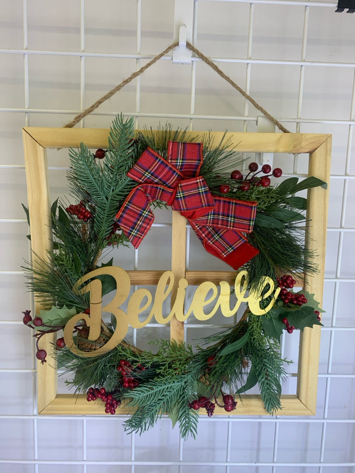 BELIEVE FAUX WINDOW W WREATH WALL ART.
